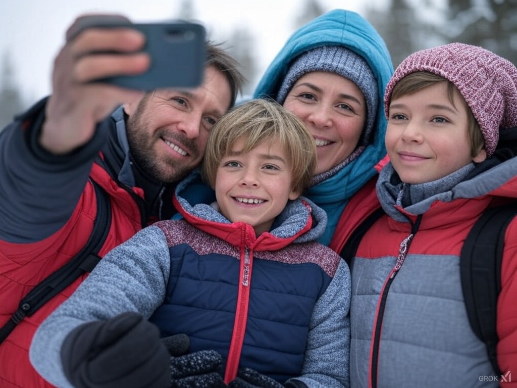 Familia de viaje por Laponia se hace un selfie con ropa de invierno adecuada para el frio de finlandia